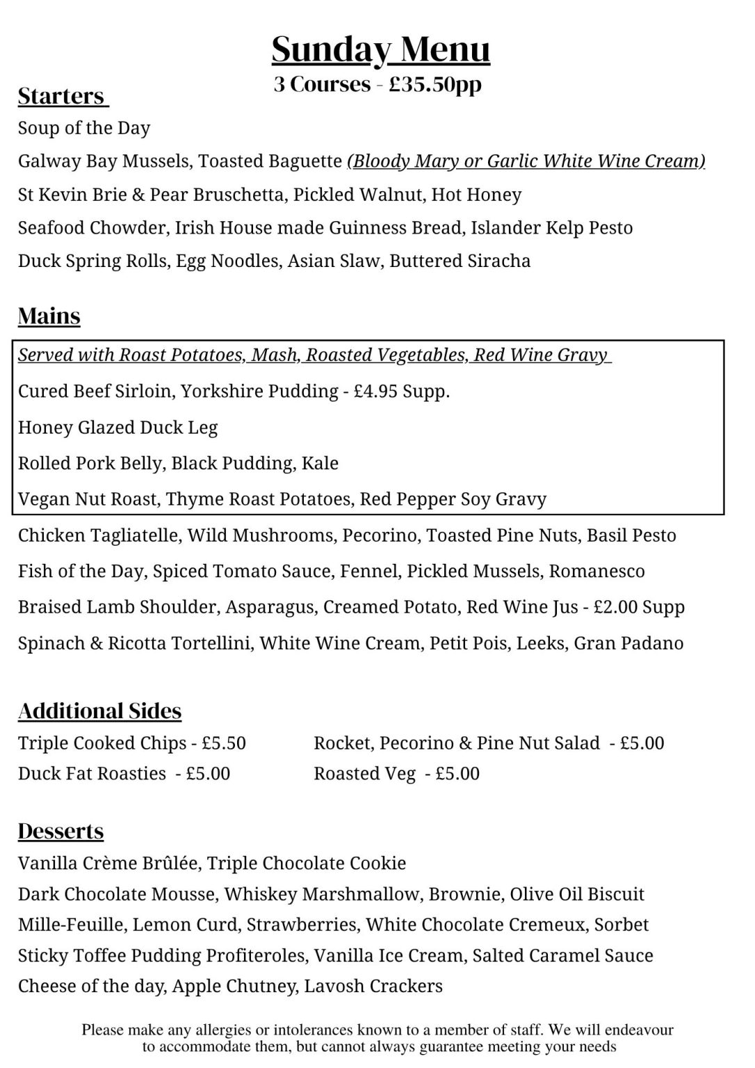 Sunday Menu - Bushmills Townhouse